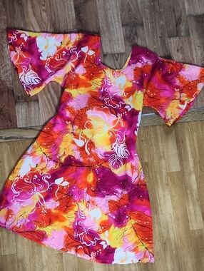 VTG Vibrant Pink & Orange Floral Tiki Dayglo Mini Dress